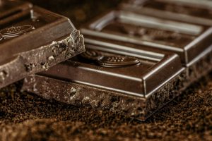 Macro image of a dark chocolate bar showing the texture and cocoa powder