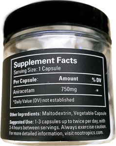 Nootropics.com Aniracetam Back of Bottle showing the ingredients and dosage
