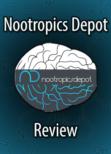 Nootropics Depot Logo on a black and blue gradient background with skeletal nootropic formulas