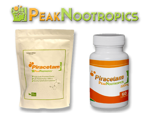 Peak Nootropics Piracetam Powder Pouch and Capsule Bottle