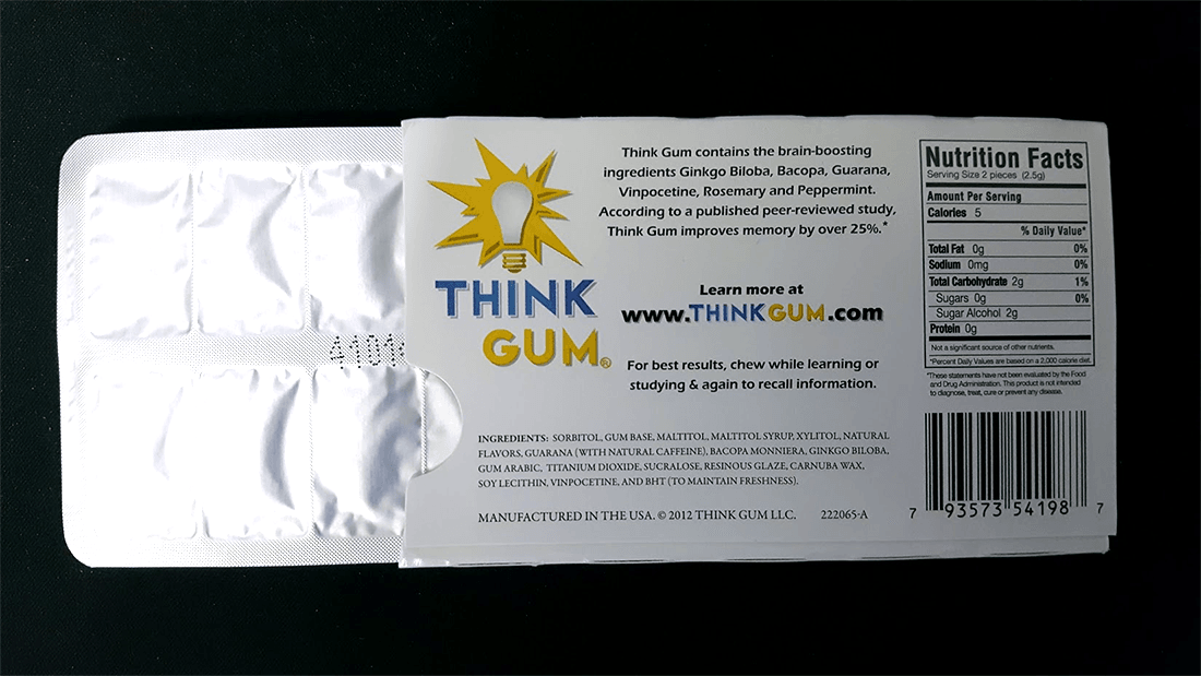 Back of Think Gum wrapper with the ingredients shown