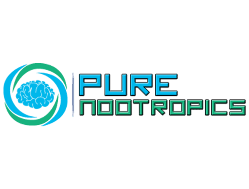 Pure nootropics logo featuring a blue brain