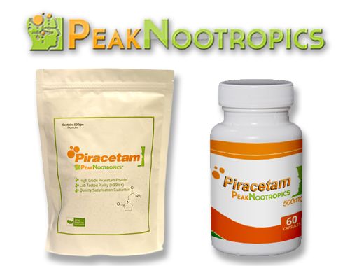 Peak Nootropics Piracetam Powder Pouch and Capsule Bottle