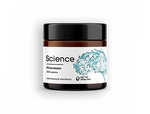 Science.bio jar of piracetam powder featuring a blue brain logo